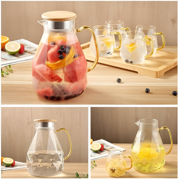 Borosilicate Glass Pitcher Diamond Pattern 1 5 Litre Borosilicate Glass Pitcher with Bamboo and Stainless Steel Lid