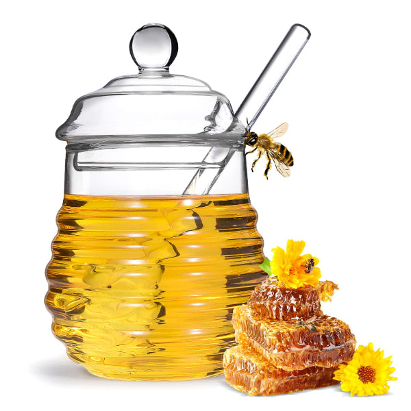 Glass Honey Jar Clear Borosilicate Glass Honey Jar with Dipper and Dustproof Lid